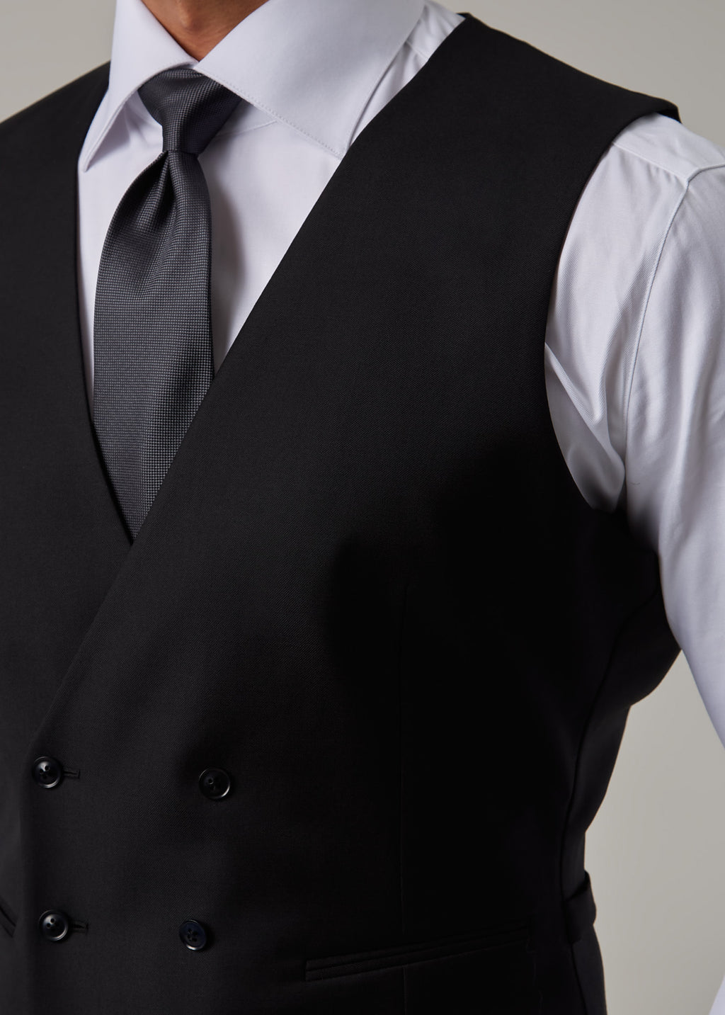 Midnight Milano The Ultimate Black Suit waistcoat, close-up of the double-breasted buttons