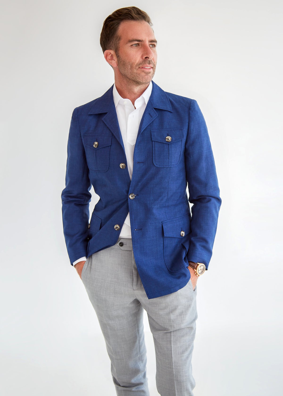 Blue Safari Jacket on a model, front view showing the patch pockets