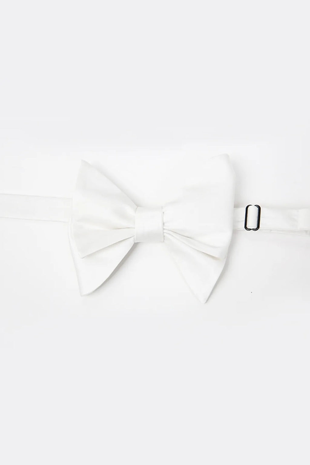 White floppy self-tie bow tie, tied
