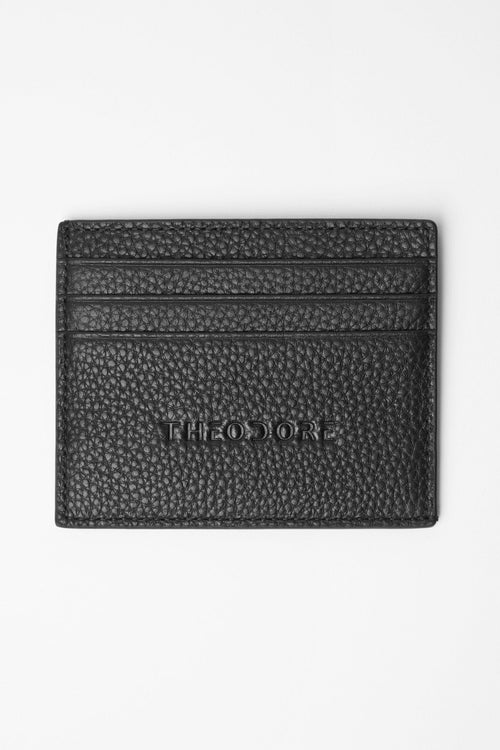 Fagan Leather Card Holder in black pebbled leather, front view with logo