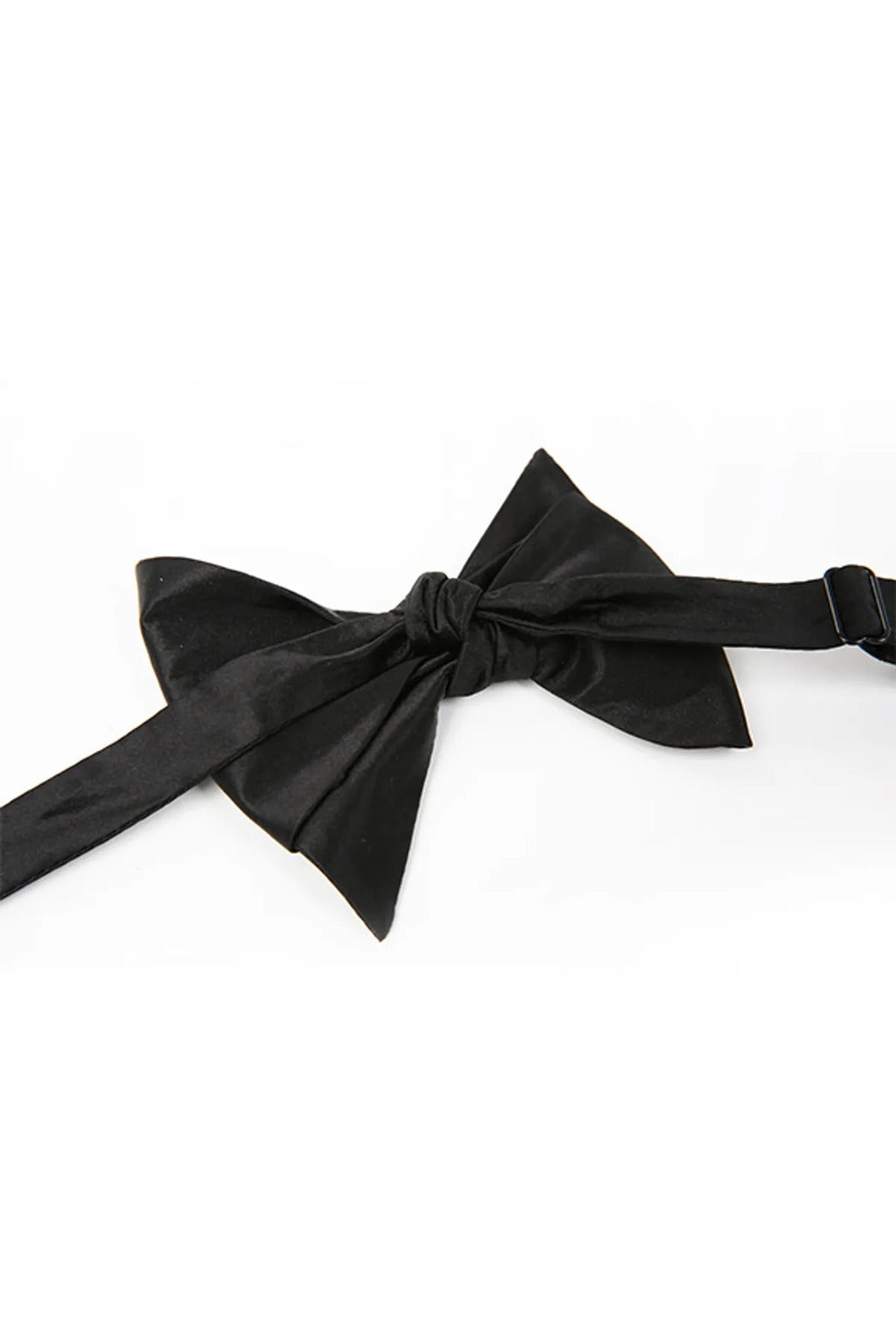 Black diamond point pre-tied bow tie, angled view of the knot