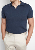 3J Whisky Shot Polo in blue, cropped torso view styled with cream trousers