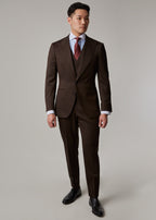 Lexington Brown Suit worn buttoned with waistcoat and tie, full front view on a model