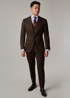 Lexington Brown Suit worn buttoned with waistcoat and tie, full front view on a model