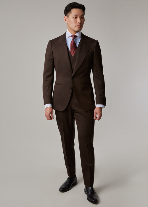 Lexington Brown Suit worn buttoned with waistcoat and tie, full front view on a model