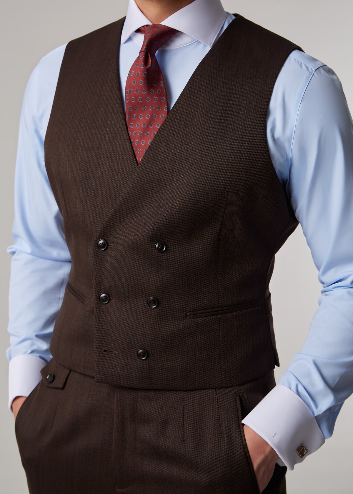 Lexington Brown Suit waistcoat without the jacket, torso crop on a model