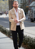 Cream Safari Jacket worn open over a white shirt, outdoor street setting on a model