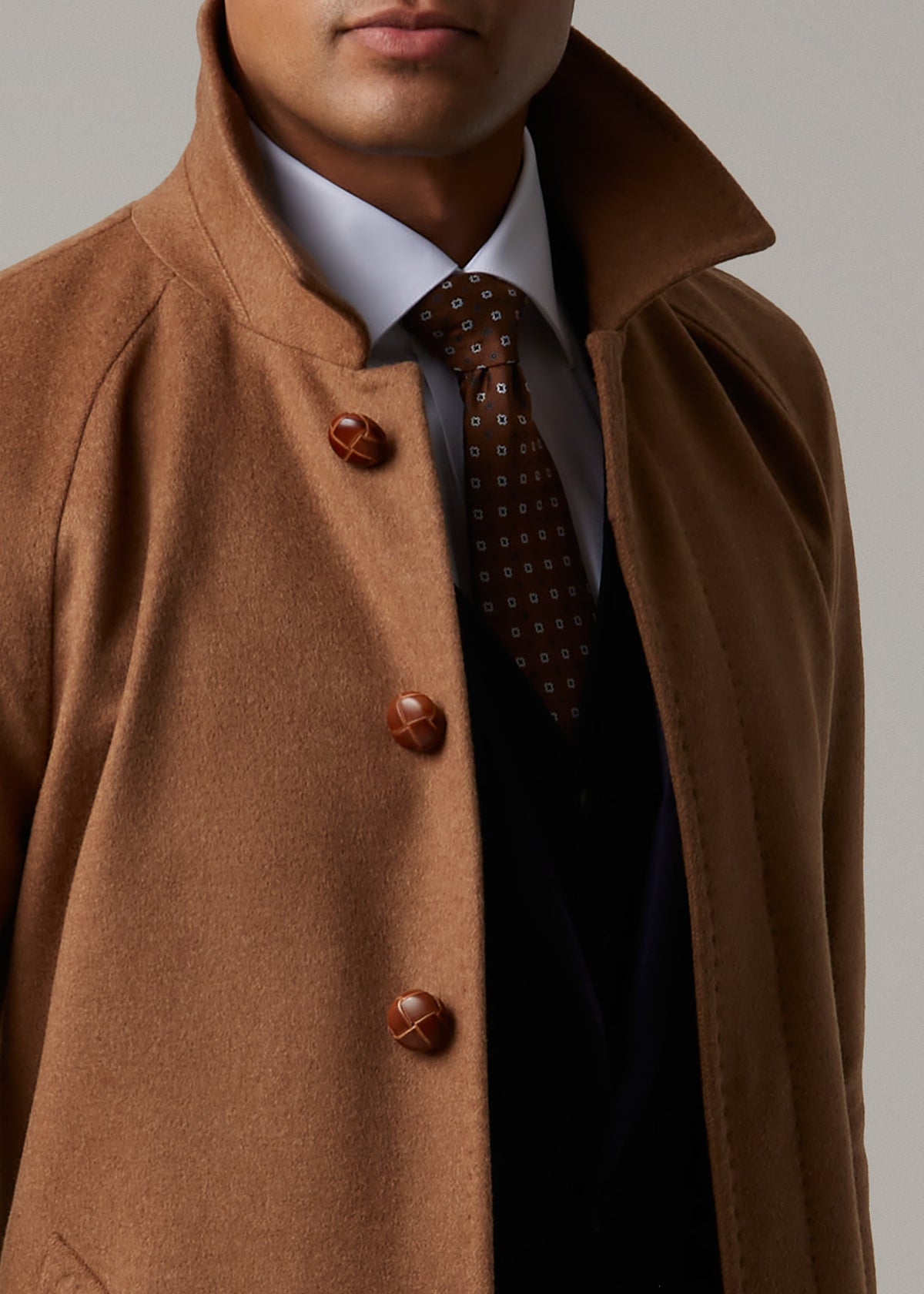 Toasty Truffle Cashmere Blend Overcoat close-up of the stand collar and button detail