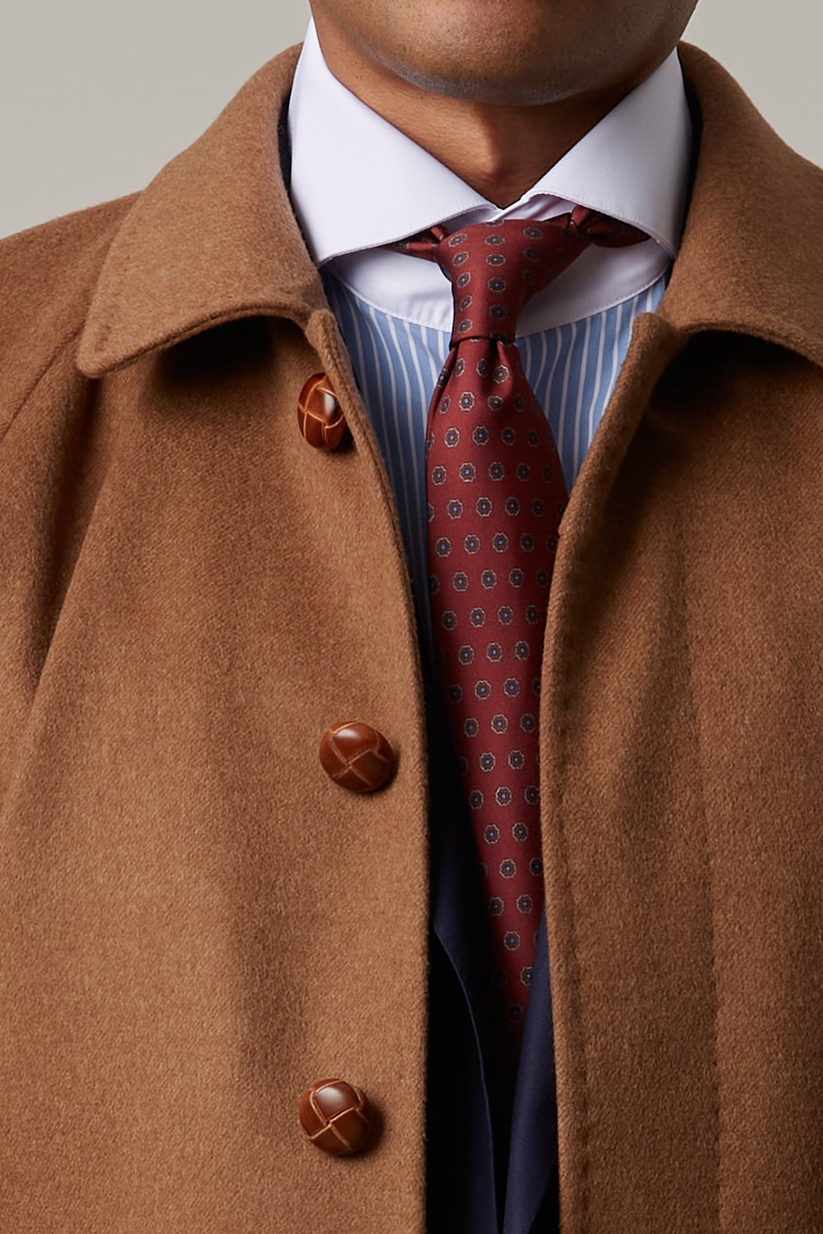 Toasty Truffle Cashmere Blend Overcoat close-up of collar, buttons and tie