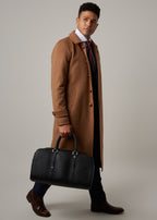 Toasty Truffle Cashmere Blend Overcoat worn open, model walking with a black bag