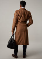 Toasty Truffle Cashmere Blend Overcoat back view walking with a black bag