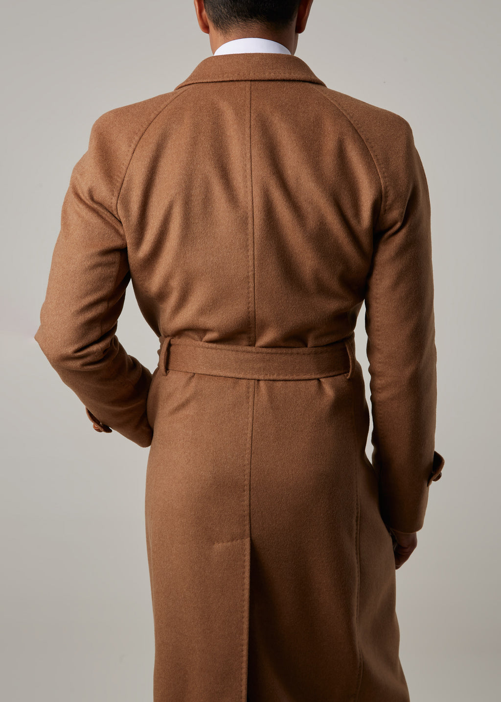 Toasty Truffle Cashmere Blend Overcoat back view close-up on belt with hands in pockets