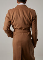 Toasty Truffle Cashmere Blend Overcoat back view close-up on belt with hands in pockets