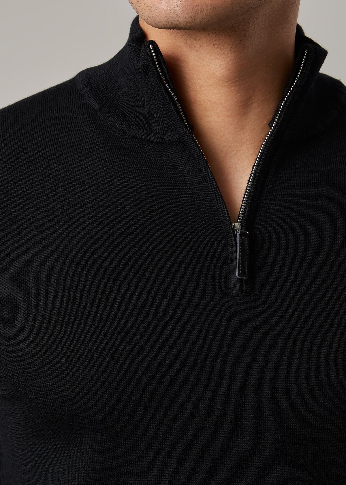 Close-up of the Cosmo quarter-zip jumper's zip pull and funnel collar