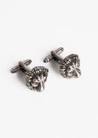 Gunmetal Lion Cufflinks pair, angled view with the fastening bars pointing left
