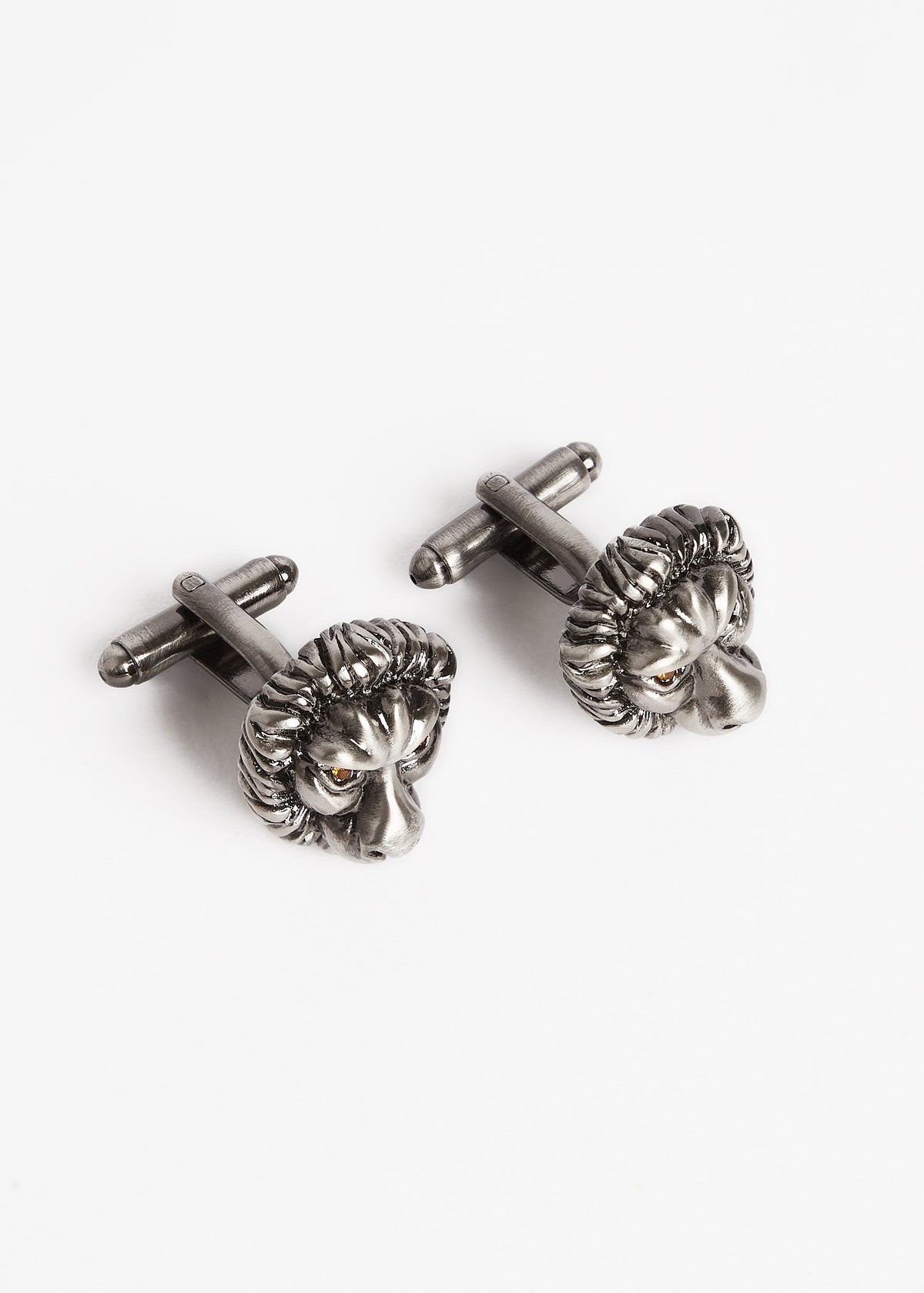 Gunmetal Lion Cufflinks pair, angled view with the fastening bars pointing left