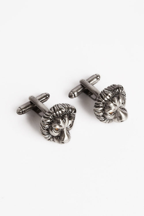 Gunmetal Lion Cufflinks pair, angled view with the fastening bars pointing left