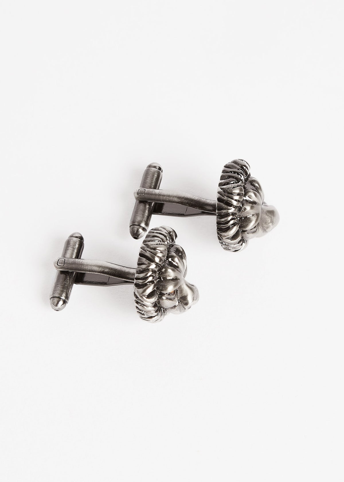 Gunmetal Lion Cufflinks pair, closer angled view with the fastening bars pointing right