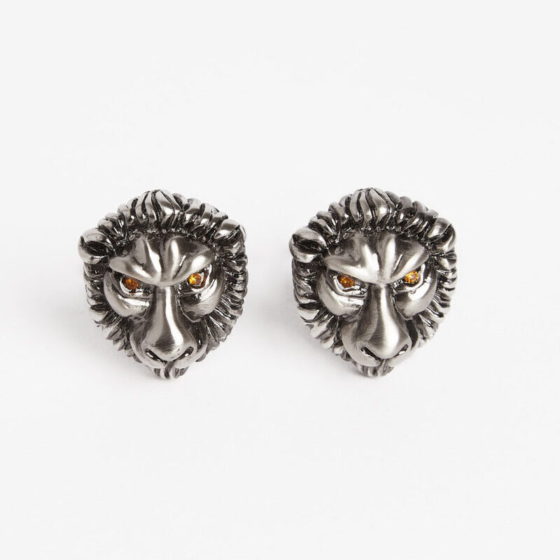 Gunmetal Lion Cufflinks pair, front view close-up of the lion face detail
