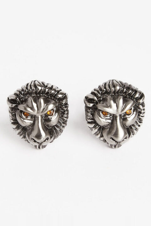 Gunmetal Lion Cufflinks pair, front view close-up of the lion face detail