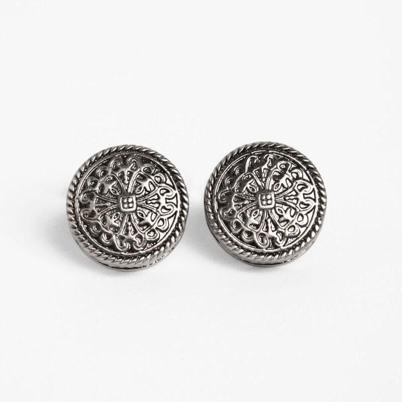 Gunmetal Token Cufflinks, front-on flat lay of the engraved medallion faces