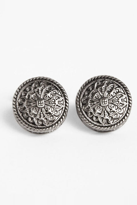 Gunmetal Token Cufflinks, front-on flat lay of the engraved medallion faces