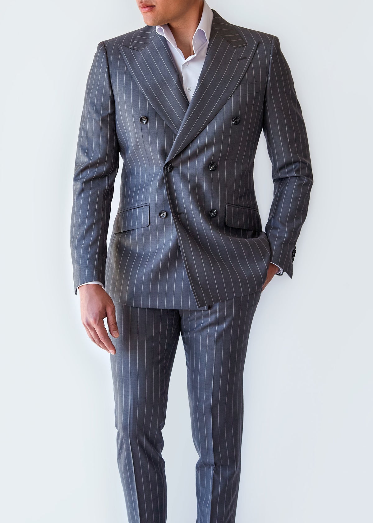 Wall Street Charcoal Pinstripe Suit worn with an open-collar shirt, no tie, front view
