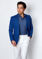 Blue Linen Blend Jacket on a model, standing at an angle with hand in pocket
