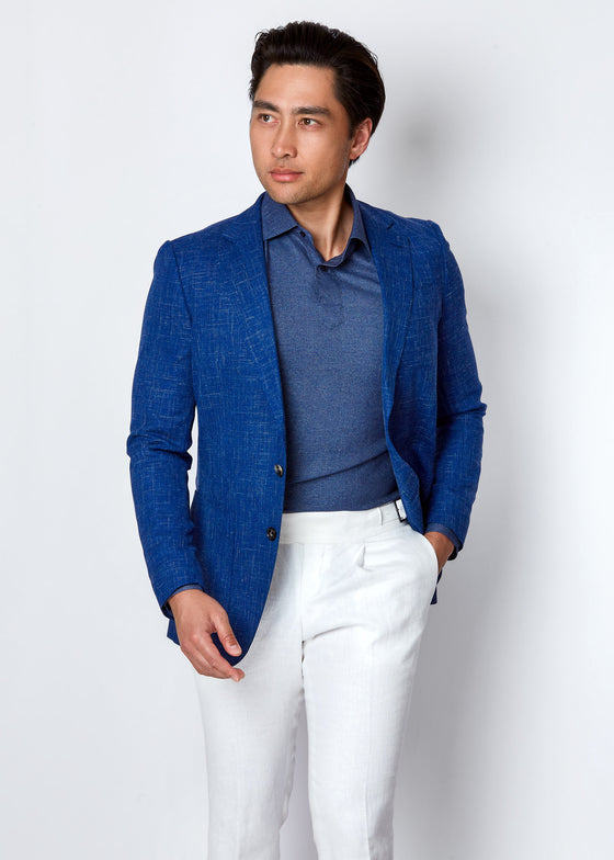 Blue Linen Blend Jacket on a model, standing at an angle with hand in pocket