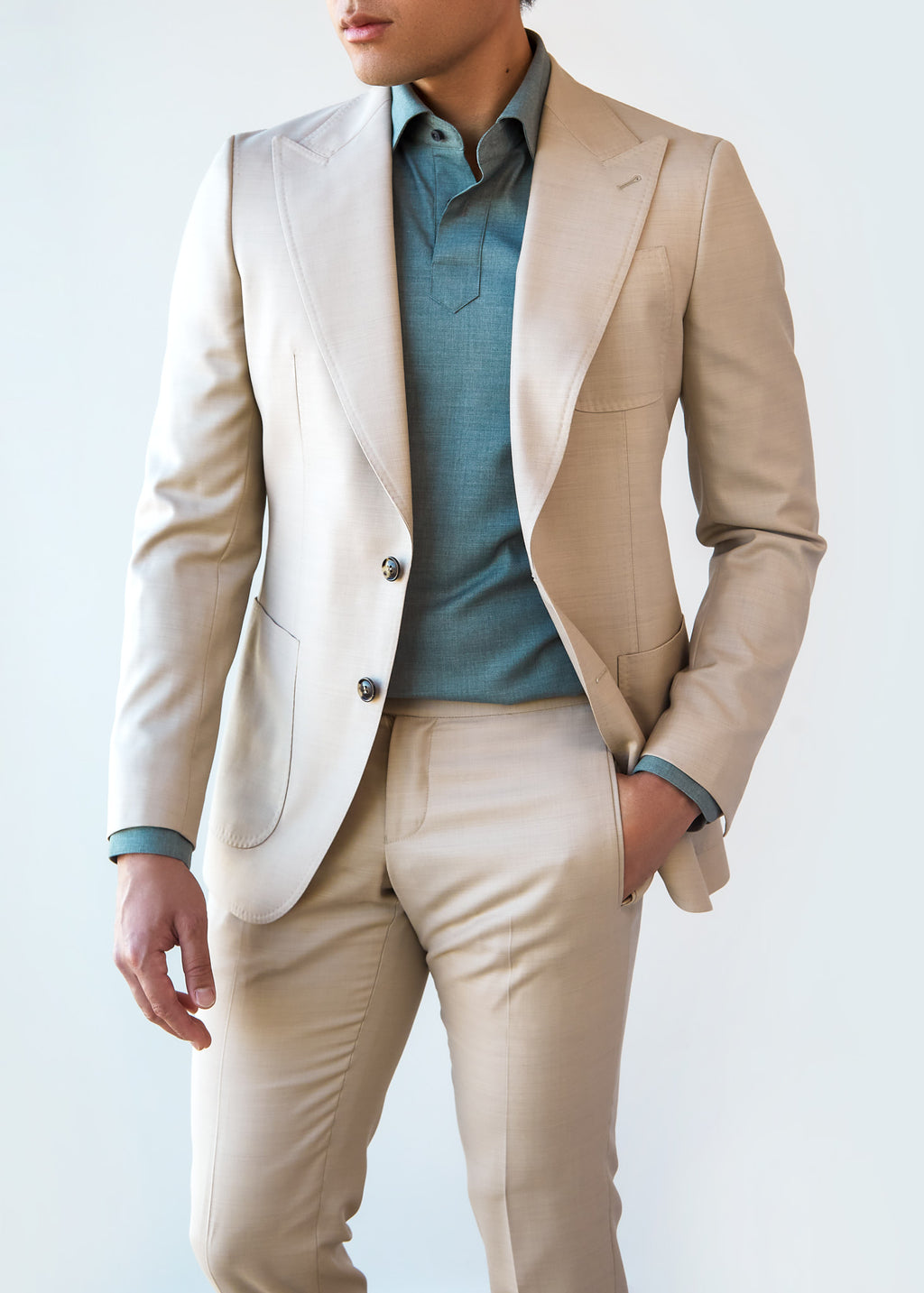 San Polo Cream Wool Suit, close three-quarter crop with the chin tilted down