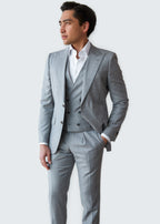 The Brewhouse Light Grey Suit worn open over a double-breasted waistcoat, front view on a model