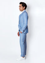 Aegean Sky Blue Herringbone Suit, full-length side profile view on a model