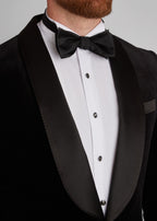 Artillery Black Velvet Tuxedo, close-up of the satin shawl lapel and bow tie