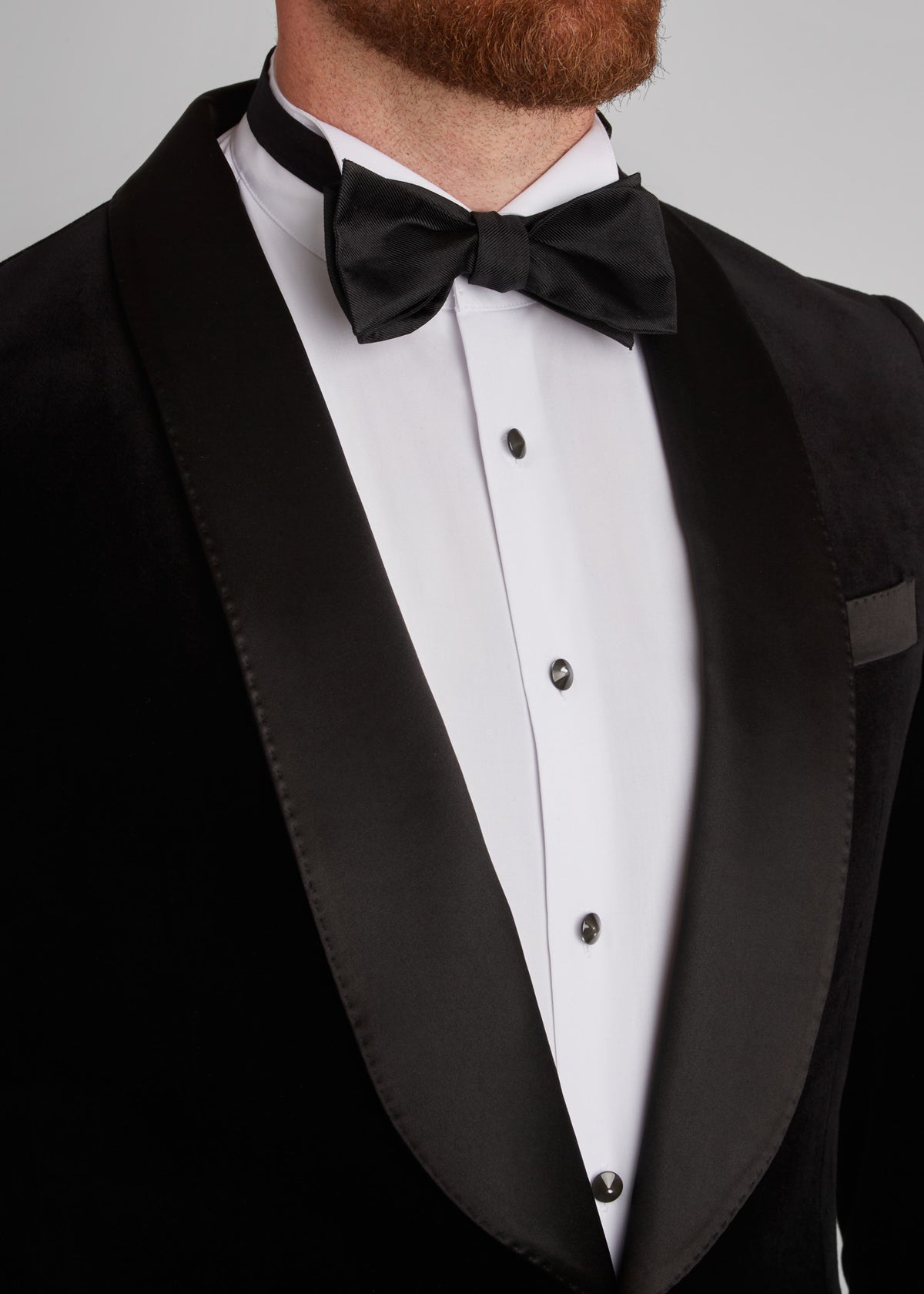 Artillery Black Velvet Tuxedo, close-up of the satin shawl lapel and bow tie