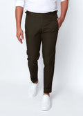Olive Green Chino Pants with cuffed hems, front view on a model