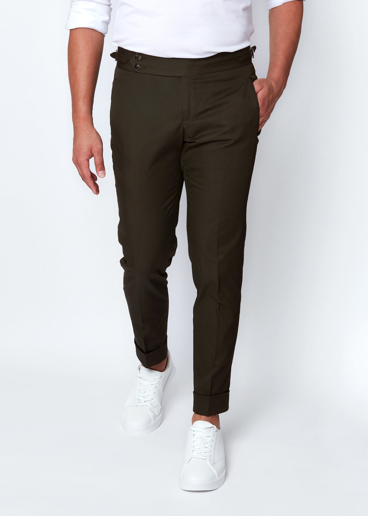 Olive Green Chino Pants with cuffed hems, front view on a model