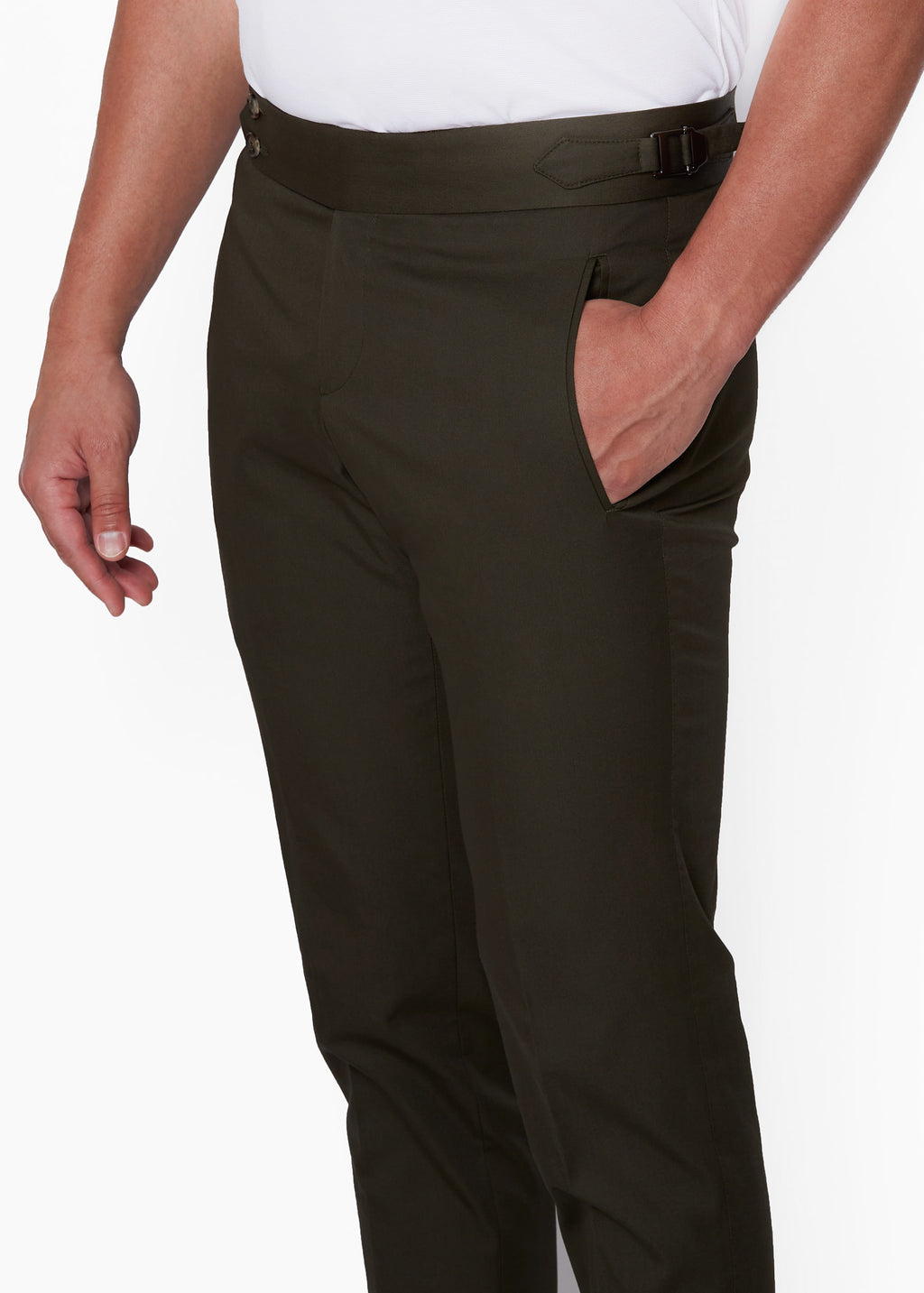 Olive Green Chino Pants, close-up of the side buckle and pocket at the waist