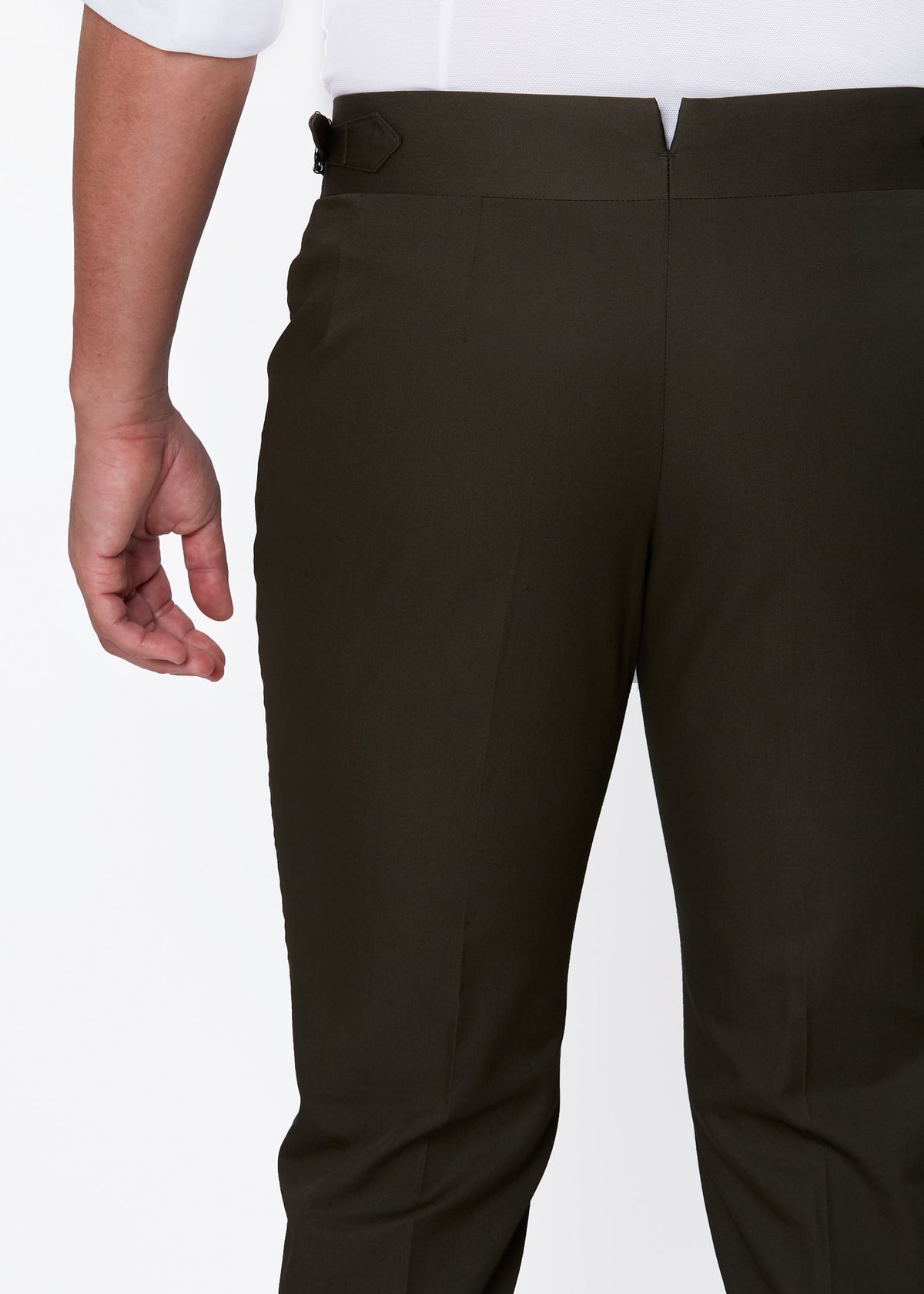 Olive Green Chino Pants, close-up of the back waistband and side buckle