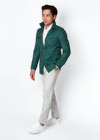 Green Safari Jacket, side profile styled with white striped trousers and sneakers
