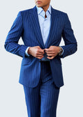 Sussex Blue Pinstripe Suit, close crop of a model buttoning the jacket