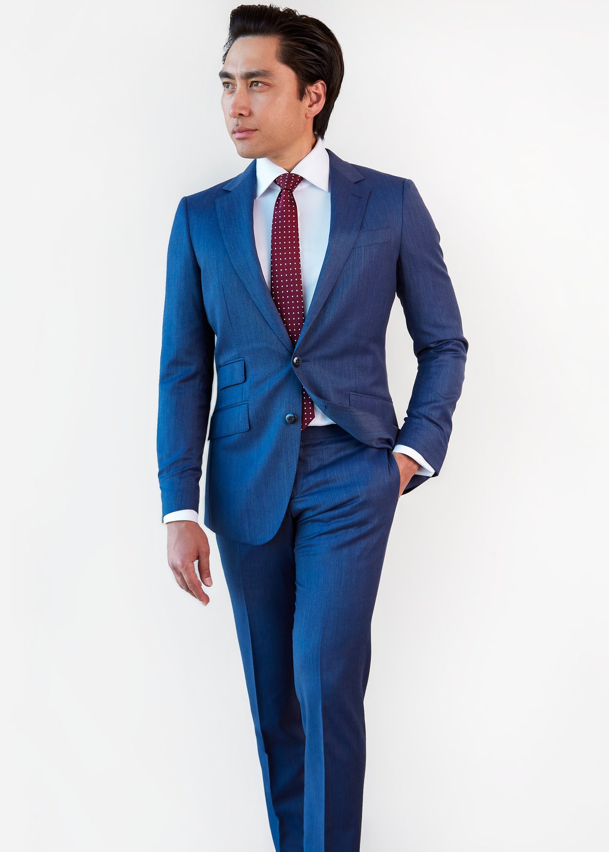 City Road Blue Sharkskin Suit worn by a model with a burgundy tie, front view