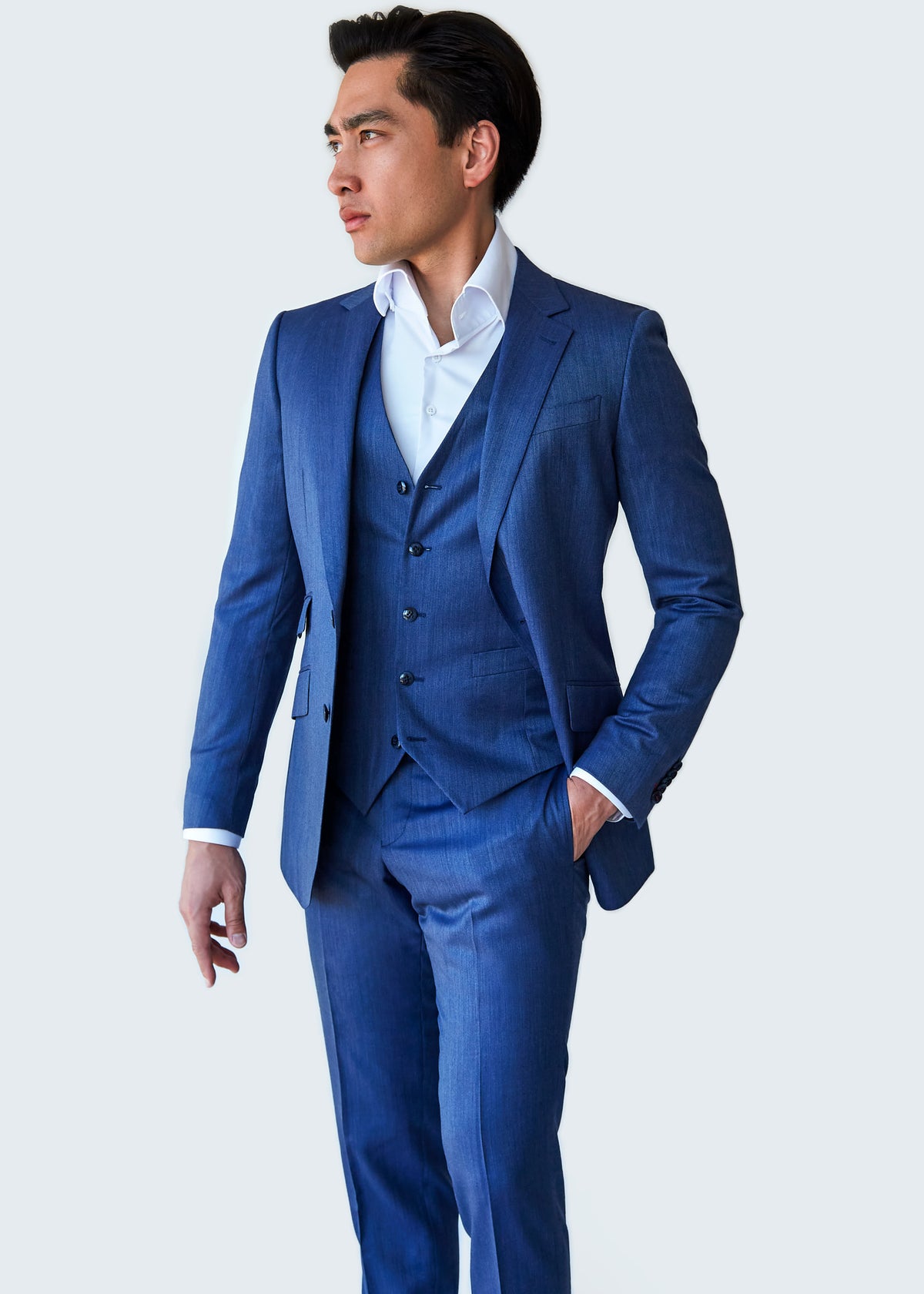 City Road Blue Sharkskin Suit shown with matching waistcoat, open collar, side angle