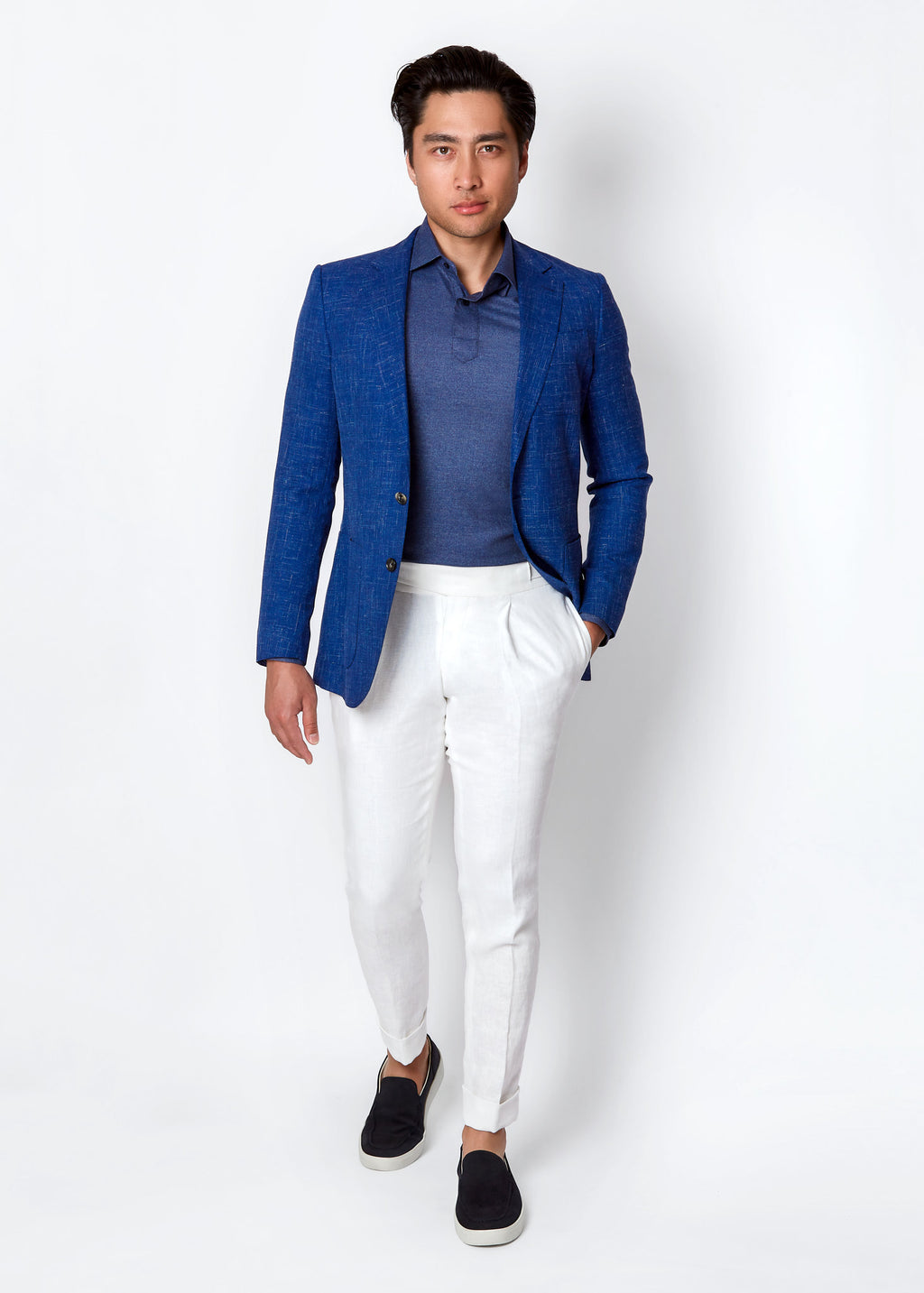 White Linen Pants, full-length front view styled with a blue blazer and polo