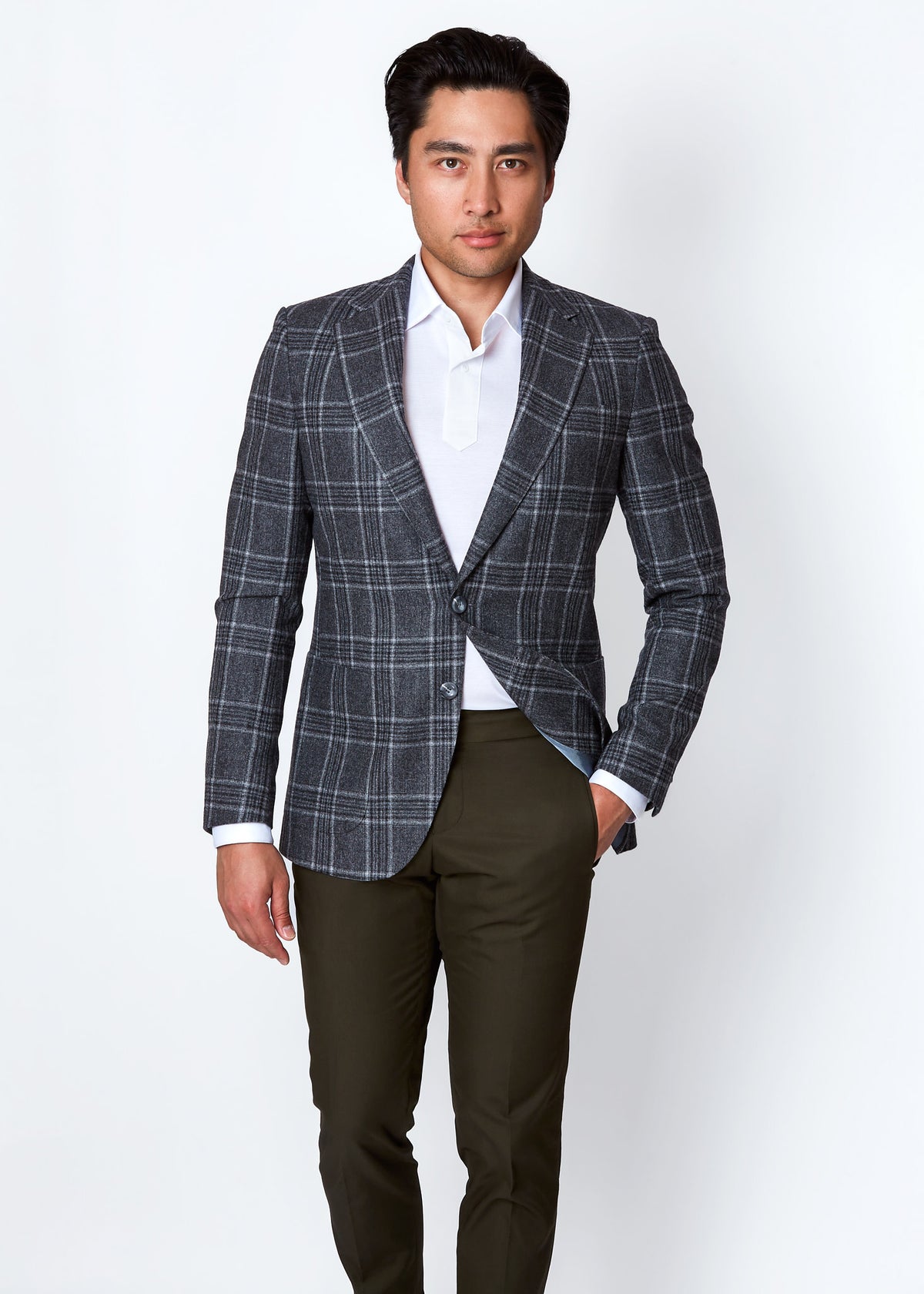 Abbey Road Charcoal Wool Check Jacket worn open over a white shirt on a model