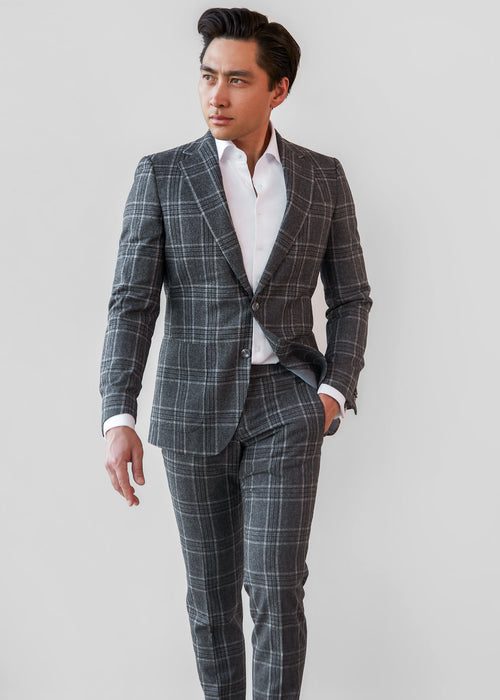 Abbey Road Charcoal Check Suit, full front view on a model with an open collar