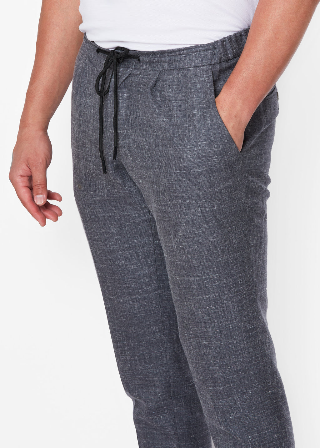 Fitzroy Charcoal Drawstring Pants, close-up of the drawstring waist