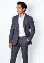 Fitzroy Charcoal Drawstring Pants on a model, worn with the matching double-breasted jacket