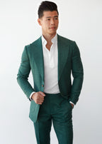 Vincent Green Linen Blend Suit, close crop of a model against a plain background