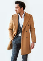 Lexington Double Breasted Camel Fine Wool Overcoat worn open on a model, styled with checked trousers