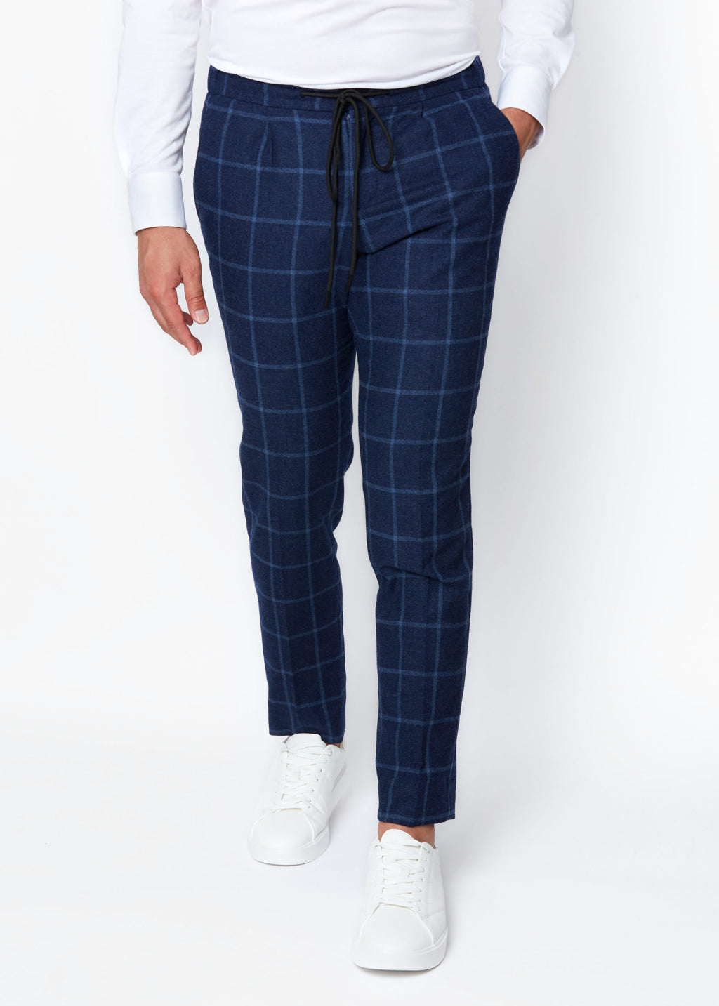 Rodeo Drive Blue Windowpane Pants worn with a white shirt, front view on a model